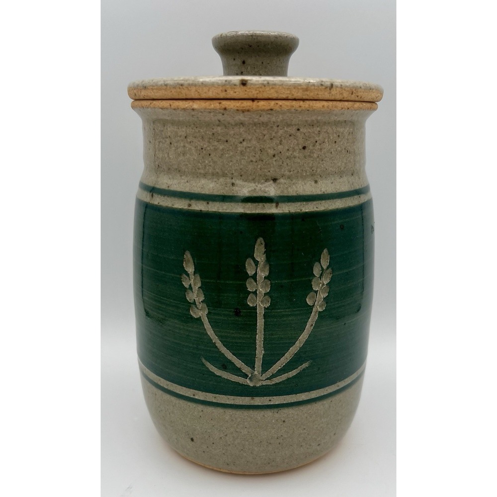 Studio Art Pottery Lidded Jar Floral Design Tan & Green Speckled Glaze Hand Made